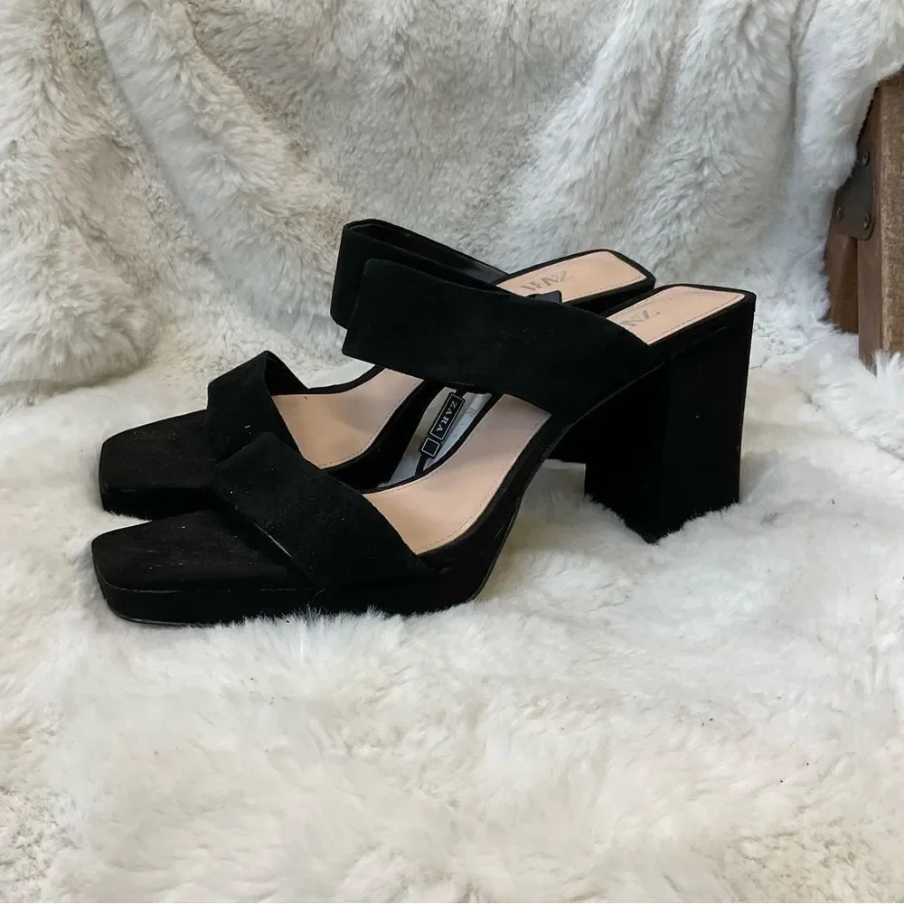 NEW ZARA black suede leather double straps square tie slip on sandals 10